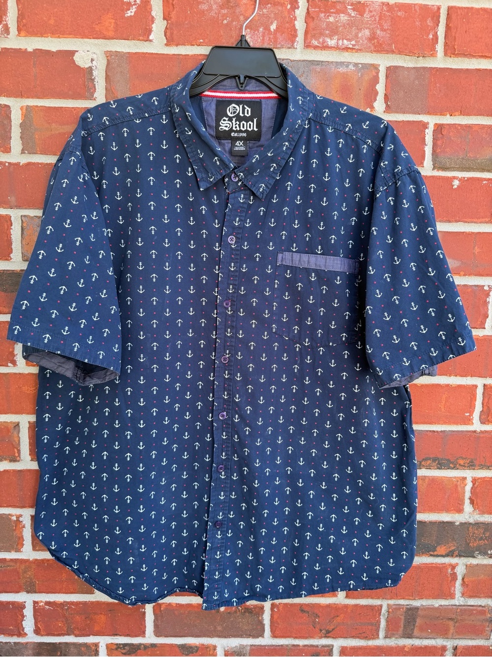 Old Skool Men’s 4X Navy All Over Anchor-Print Short-Sleeve Button Up Shirt P7